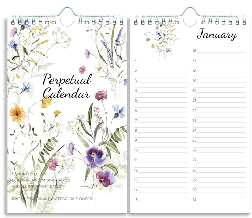 Perpetual Calendar – Undated Calendar 12-Month for Birthday, Anniversaries, Important Days, Festivals Reminder, 6'' x 10'' with 2 Lines Per Days, Twin-wire Binding, Thicker Paper, Minimalist Flowers