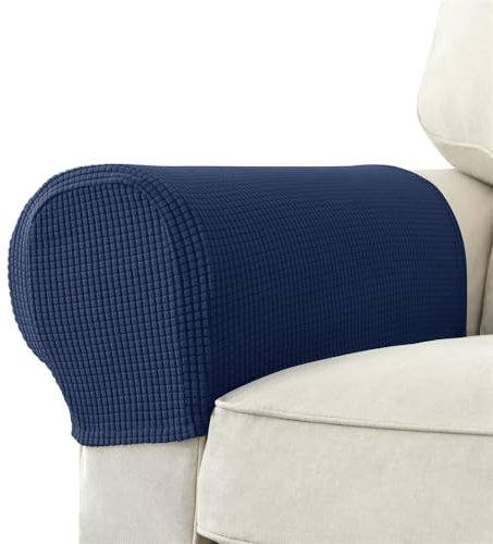 FANSU 2 Stück Armlehnenschoner Sofa Stretch Armlehnenbezüge Kariertem Jacquard-Stoff, Armlehnenbezug für Stühle, Couch, Sofa, Sessel, Weiche Anti-Rutsch Sofa Armkappen (Navy Blau)