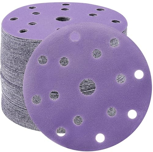 STEBRUAM 50pcs 150mm Sanding Discs 120 Grit 15 Holes Hook and Loop Sanding Pads for 6Inch Random Orbital Sander Purple