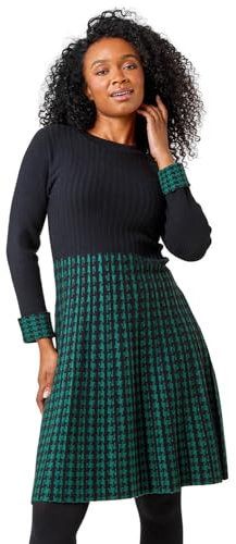 Roman Originals Ribbed Jumper Dress for Women UK with Contrast Panelled Skirt Ladies Everyday Autumn Winter High Neckline Comfy Soft Evening Vacation Work Party Night Out - Petite Forest - Size 16