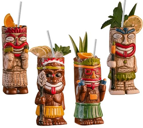 Vinbcorw Lot de 4 Tasses à Cocktail Tiki – Tasse givrée Exotique avec 4 pailles, Tiki Party Creative Cocktail Glass Drinks Bar Drinkware Premium Tropical Exotic Cute Barware,A11