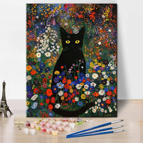 TISHIRON Abstrakte Malen nach Zahlen für Erwachsene Schwarze Katze sitzt in Blumenfeld DIY Erwachsene Malen nach Zahlen Kits auf Leinwand Tier Acrylmalerei nach Zahlen Ölgemälde Kunsthandwerk