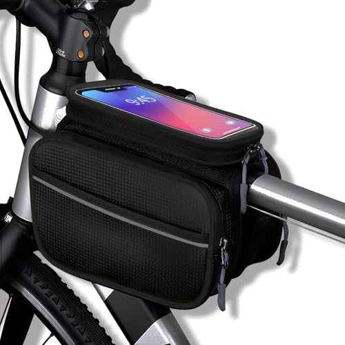 Lunaanda Bolsa Cuadro Bicicleta, Bolsa Impermeable para Bicicleta Soporte Movil Bicicleta Bolsa para Tubo Superior con Pantalla Táctil y Cubierta para Lluvia para Bicicletas de Carretera y Montaña