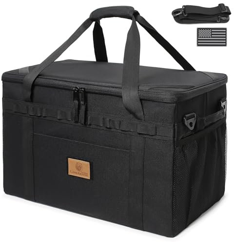 Tactical Camping Storage Bag Utility Tote Bag Camping Kitchen Organizer with Axe Holder & Shoulder Strap (Black, Large (46L))