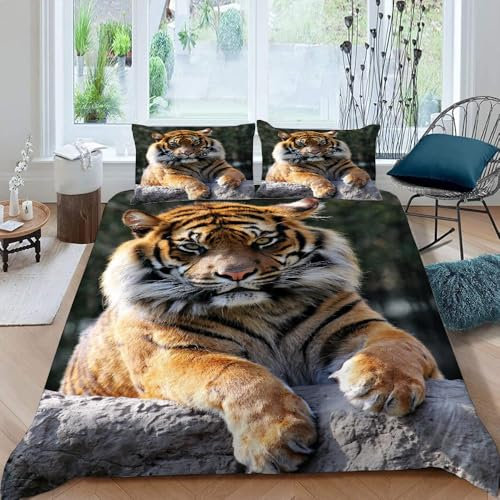 VULORA Tiger Kinderbettwäsche 135x200 Wilde Tiere 3D Druck Bettwäsche-Sets 3Teilig für Jungen Mädchen Teenager Weich Mikrofaser Bettbezug mit Reißverschluss und 2 Kissenbezüge 80x80cm A86