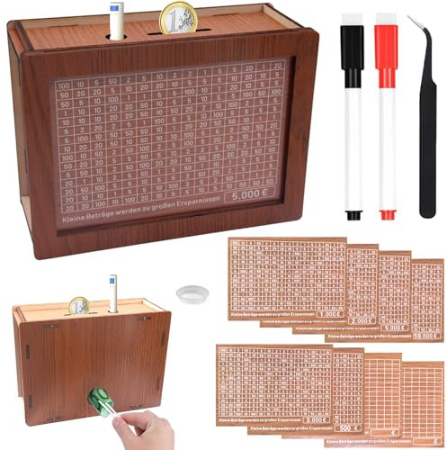10000€ Spardose aus Holz, Wiederverwendbare Spardose, Retro Sparbüchse Aufbewahrungsbox Einschließlich 10000 5000 3000 2000 1000 500 Euro (Ausgabe 2.0)