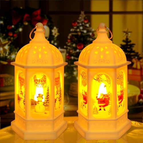 2 Stück Weihnachten Deko Laterne,Dekoration Laterne, Weihnachten Laterne mit Warmgelb LED Licht,Windlichter Tischdeko Weihnachtsmann und Schneemann Muste für Neues Jahr
