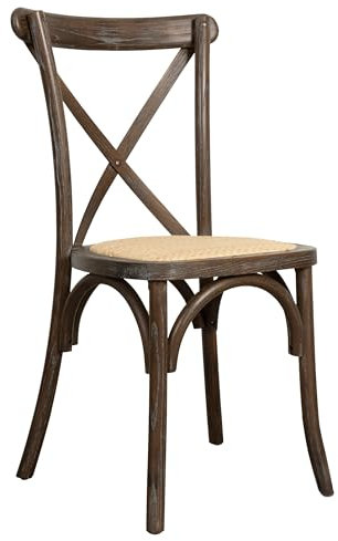 Biscottini Vintage Küchenstuhl aus Eschenholz, L 42 x T 43 x H 88 cm, Esszimmerstühle, Küchenstühle, Esszimmerstühle aus Holz, Sitzfläche aus Rattan, antikbraunes Finish