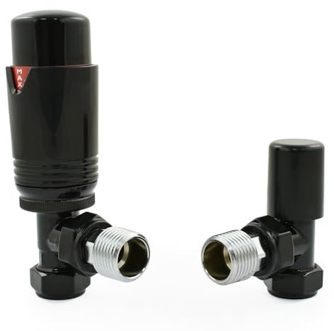 Hot Flow Full Black Estuary Angled TRV Thermostatic Radiator Valve (Pair) Includes Angled TRV Body, Wheel Head & Lock Shield for Quick & Easy Temperature Control. Perfect for Energy Saving.