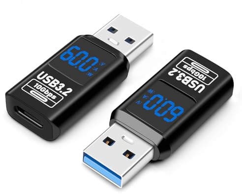 AIYEEN USB 3.2 Digital Display USB A Male to USB-C Female OTG Adapter 10Gbps (2 Pack), Real-time Power Monitoring, Up to 60W Fast Charging Compatible with Laptop, Power Bank and More USB-A Devices