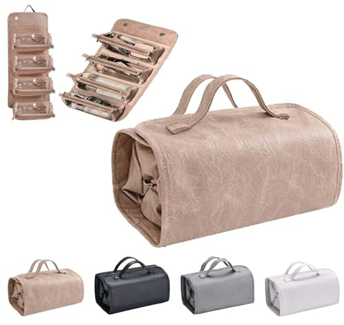 nnOuOnn Flat Lay Travel Makeup Bag, Leather Clear with Compartments, 4 in 1 Waterproof, Detachable Foldable Hanging, Portable Storage Organise, Khaki
