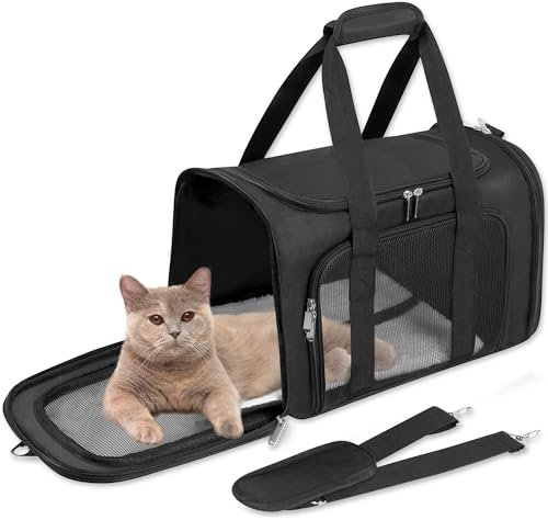 Soft-Sided Cat/Dog/Pet Carrier, Collapsible Pets Travel Carriers For Big Cats/Small Dogs With Shoulder Strap & Removable Mat, Mesh Puppy Carry Bag, Up to 16 Lbs, Airline Approved (BLACK)