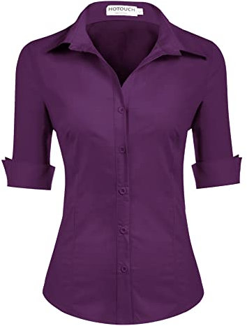 Hotouch Camicetta da Donna con Manica a 3/4 Camicia con Scollo a V Camicetta di Base Slim Fit con Knop Bar Tops Casual Cotone Viola XL