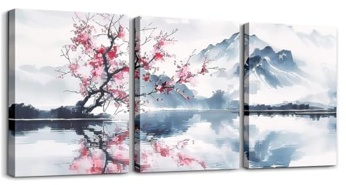 Loussiesd Japanischer Stil 3er Poster Set für Wohnzimmer Kirschblüte Wandbilder Set für Schlafzimmer Tinte Malerei Kunst Leinwandbilder Poster & Kunstdrucke