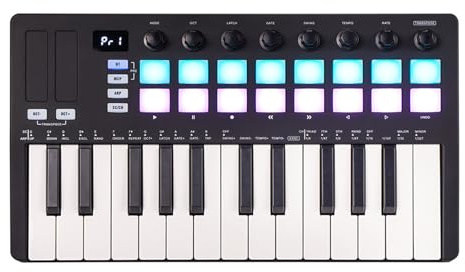 USB-Tastatur-Controller mit 25 Tasten und 16 hintergrundbeleuchteten Schlagzeug-Pads, LED-Display, professionelles Keybed, 8 Regler, Musikproduktion