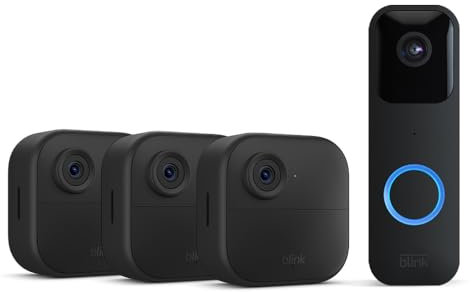 Blink-Kamera Outdoor 4 + Blink Videotürklingel Schwarz| Kabellose intelligente HD-Sicherheitskamera, zwei Jahre Batterielaufzeit, fortschrittliche Bewegungserfassung, 3-Kamera-System