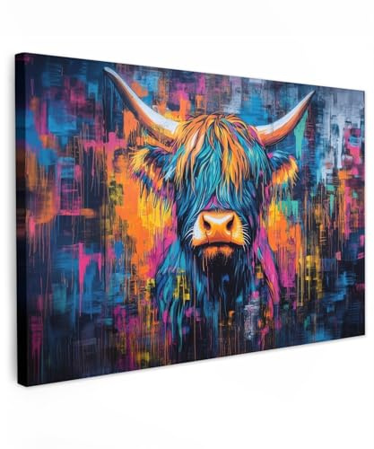 MuchoWow© Leinwandbilder Groß XXL Wall Art Decoration Bilder für die Wand | 120x80 cm - Schlafzimmer Deko Canvas Painting Wanddekoration Wohnzimmer Schottischer Highlander - Abstrakt - Bunt