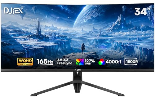 DJiEX 34 Inch Curvo Monitor 4K FHD 3440 x 1440p 165Hz 1500R Screen 99% sRGB Home Office Gaming Computer Monitor Sync Visual Experience for Work & Play Support Wall Mount Install