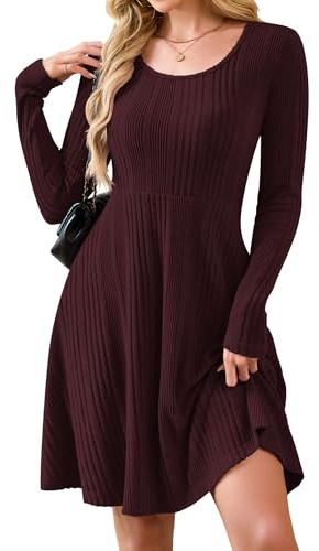 AUSELILY Langarm Winter Kleid Damen Gestrickt Rundhalsausschnitt Pullover Kleid mit Taschen