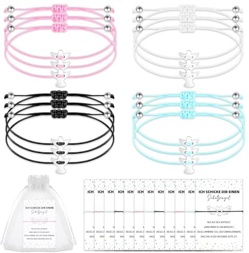 ElaDüne 12 Schutzengel Armbänder Set mit Karte und Organzabeutel Glücksarmband Freundschaftsarmband Geschenk für Geburtstag, Weihnachten Prüfungen Verstellbares Schutzengel Armbänder