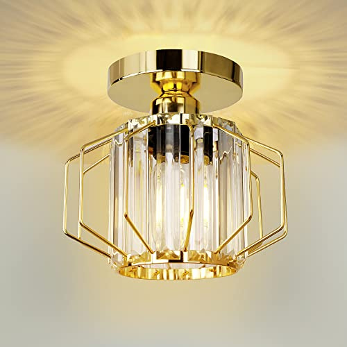 HAUSPRO Milan Gold Geometric Crystal Flush Mount Ceiling Light, Modern Luxury Ceiling Fixture with Clear Crystals, Elegant Lighting for Bedroom, Living Room-Gold