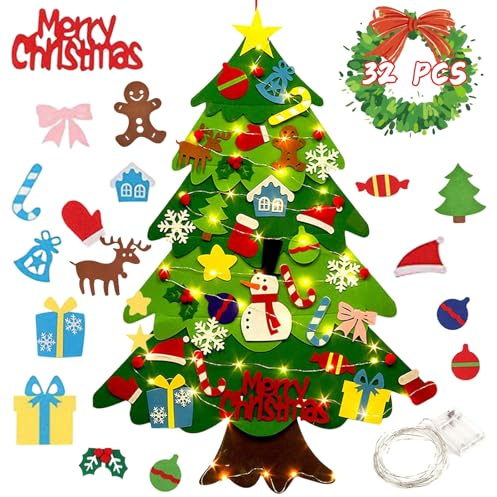 Filz Weihnachtsbaum, 100cm DIY Filz Weihnachtsbaum mit 32 Stück Abnehmbaren Hängenden Ornamenten für Kleinkinder, Kinderzimmer, Tür & Wanddekoration, Kinder