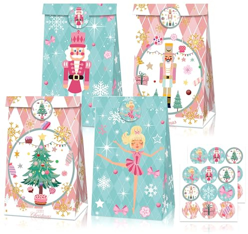Christmas Nutcracker Gift Bags Pink Christmas Nutcracker Candy Cane Party Favor Xmas Goodie Candy Treat Bag for Holiday Birthday Party Supplies 12 PCS