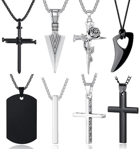 MLPKOI 8 Pièces Hommes Colliers en Acier Inoxydable, Collier Croix en Acier Inoxydable Argent Noir Chaine avec Pendentif Bar pour Homme Femme Collier Couple Bijoux Chaine Homme Cadeau
