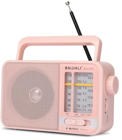 BAIJIALI Portable Battery Radio AM/FM/SW Transistor Radio with 5W Speaker | USB-C & Battery Powered for Emergency, Camping & Home | Rechargeable | Easy to Use - 671 (Pink)