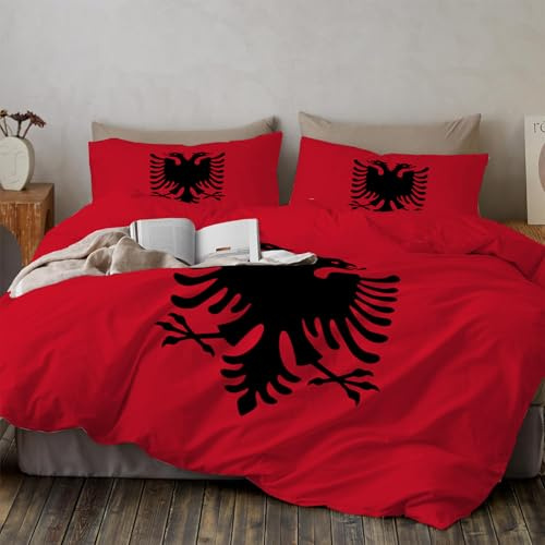 MULERN Bettbezug Bettwäsche-Set, Albanien National Flagge Rot Atmungsaktiv Ganzjahresdeckenbezug mit Reißverschluss, 1 Bettbezug 155x220cm + 2 Kissenbezüge