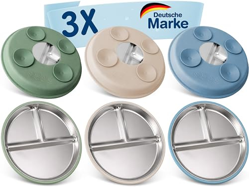 Mutkind® 3x Baby Teller mit Saugnapf - (Extra Starker Halt) Edelstahl Kinderteller - Spülmaschinengeeignet - Rutschfester Babyteller mit Saugnapf - Beikost Baby Zubehör - Hochwertiges Kindergeschirr