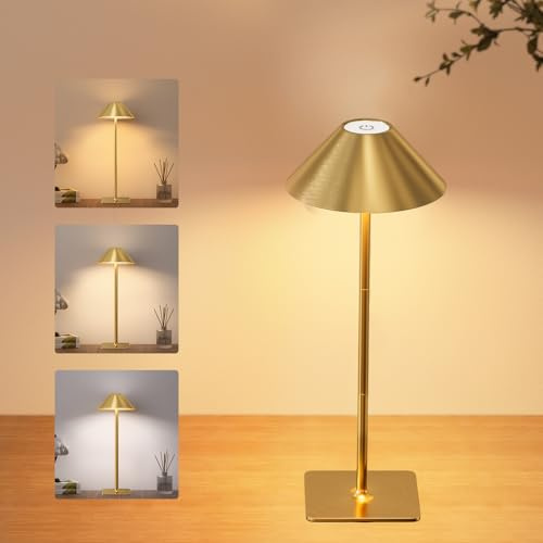 RIXGLEAM Tischlampe Kabellos, LED Tischlampe Akku USB Aufladbar, 5000mAh Tischleuchte Kabellos, 3 Höhenverstellbar Aluminium Touch Lampe für Outdoor und Indoor, 1 Stück, Gold, Regenschirm-Design