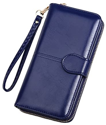TLMDXTEU Langes Damenportemonnaie Oilskin Wallet Long Dreifache Handytasche Frauen Zipper Coin Bag Großes Fassungsvermögen(Dark Blue)