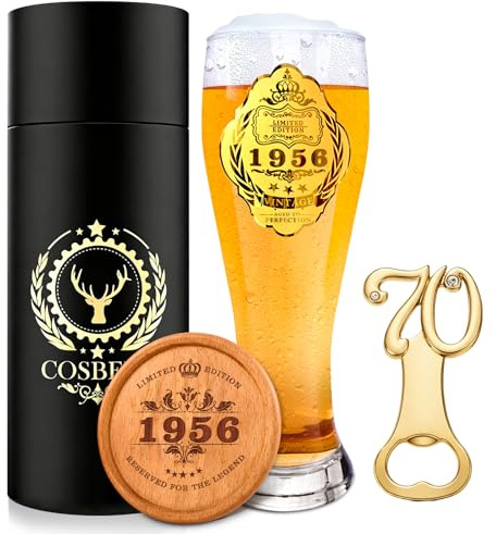 COSBERY 1956 70th Birthday Gifts for Men, Personalised 70th Birthday Decoration Beer Gifts for Men, 1956 Beer Glass 550ml, 70 Beer Bottle Opener, Wooden Coaster, Mens Present for Dad Brothers Friends