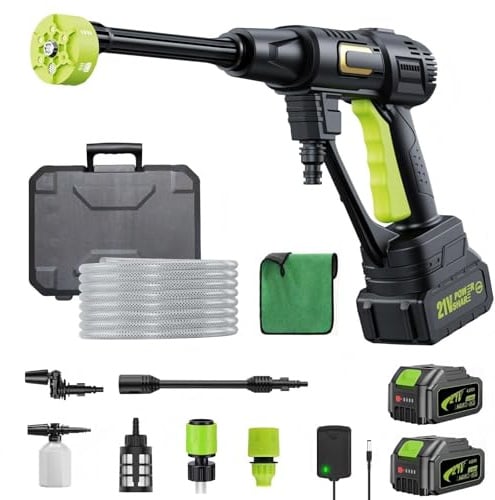 Kevsuvqin Hidrolimpiadora Bateria, 120 Bar Hidrolimpiadora de Alta Presion con Motor sin Escobillas y 2 Bateria 4000mAh, 3 Niveles Ajustables, Hidrolimpiadora de Bateria para Limpieza de Autos