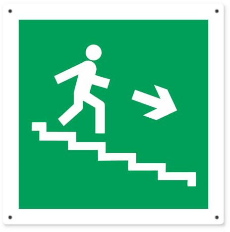 Cartello Scale di Emergenza Destra | Alluminio 120x120 mm | Uscita di emergenza sulle scale a destra: omino che scende i gradini e freccia bianchi su fondo verde, anche luminescente