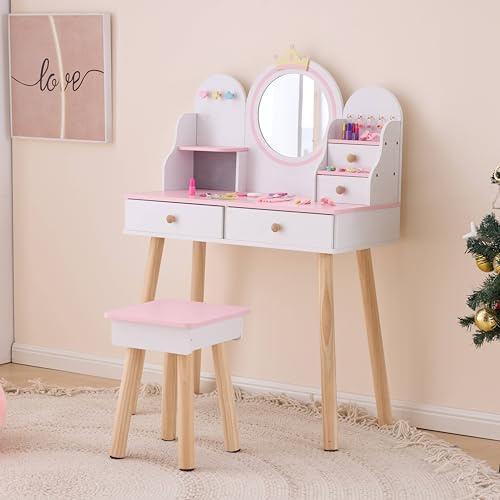 LALAHO Schminktisch Kinder mit Hocker Frisiertisch Kinderschminktisch für Mädchen aus Holz mit Spiegel, 4 Schubladen & Schmuckständer，-Kosmetiktisch Set für ab 3 Jahren，(Weiß)