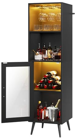 YITAHOME Bar Cabinet with Adjustable LED Lights, Coffee Bar with Wine Rack & Hooks & Acrylic Door Cabinet, Kitchen Buffet Sideboard for Home Bar/Dining Room/Living Room, Black