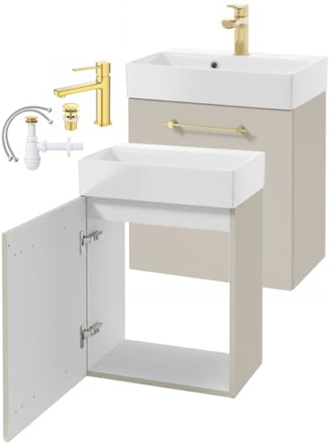 DomoDomo - Gäste WC Waschtisch mit Unterschrank 50x30 cm – kleines Waschbecken mit Unterschrank Kaschmir matt – Badmöbel Gäste WC hängend mit Keramik Waschbecken – Waschbecken Set komplett