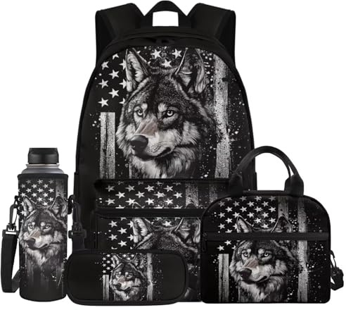 Jndtueit Wolf Backpack for Boys, American Flag School Bookbag with Lunch Box Set 4 in 1, Black Kids Laptop Backpacks Pencil Case Water Bottle Holder for Elementary High Middle Primary School Rucksack