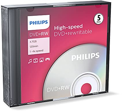 Philips DVD+RW Blank Discs 4.7 GB 4x Pack of 5 Slim Case