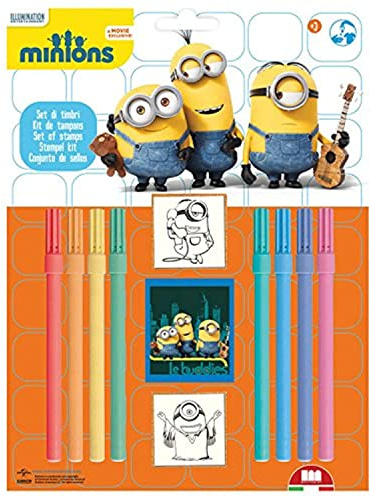 Multiprint Blister 2 Stempel für Kinder Minions 2, 100% Made in Italy, Benutzerdefinierte Stempelset Kinder, in Holz und Naturkautschuk, Ungiftige Waschbare Tinte, Geschenkidee, Art.26896