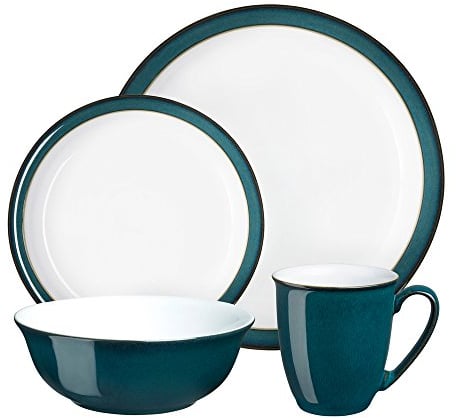 Denby - Greenwich Dinner Set For 4 - 16 Piece Tableware Green, White - Dishwasher Microwave Safe Crockery - 4x Dinner Plate, 4x Small Plate, 4x Cereal Bowl, 4x Coffee Mugs - Chip, Crack Resistant