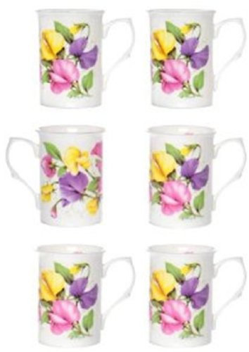(Item 2Q) Kirsty Jayne China- 10Fl oz Bone China Sweet Pea Set of 6 Beakers, Mugs- Gift Boxed