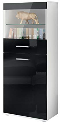 Vladon Vitrine Almada, Made in Germany, Standvitrine mit 2 Türen, 4 Fächern und 1 Glaseinsatz, Weiß matt/Schwarz Hochglanz (53 x 125 x 30 cm)