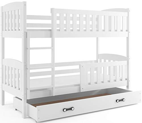 Interbeds Etagenbett Hochbett QUBA 90x200cm aus Kiefernholz, Farbe: WEIß ; Kinderbett mit Matratzen und Lattenroste (weiß + weiße Schublade)