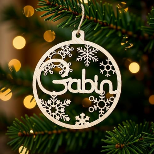 Boule de noël personnalisée en bois, prénom en découpe laser, étui cadeau en option