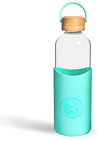 Neon Kactus - Botella de Vidrio de Borosilicato Soplado a Mano con Tapón de Bambú, Botella de Cristal con Funda de Silicona para Uso Alimentario, Botella Reutilizable sin Plástico, 550 ml