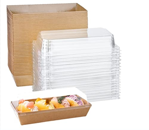 XIAOHONG 50 Pack Paper Charcuterie Boxes with Clear Lids, Brown Disposable Food Containers Bakery Boxes for Sandwich,cake roll, Hot Cocoa Bombs, Strawberries, Cookies 19x8.5x6cm