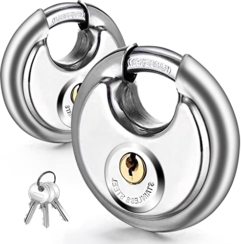 Vervida Confezione da 2 lucchetti a disco con chiave, in acciaio inox, resistente, per esterni, cancello, capannone, recinzione, blocco disco (argento 3/8, 6 chiavi)